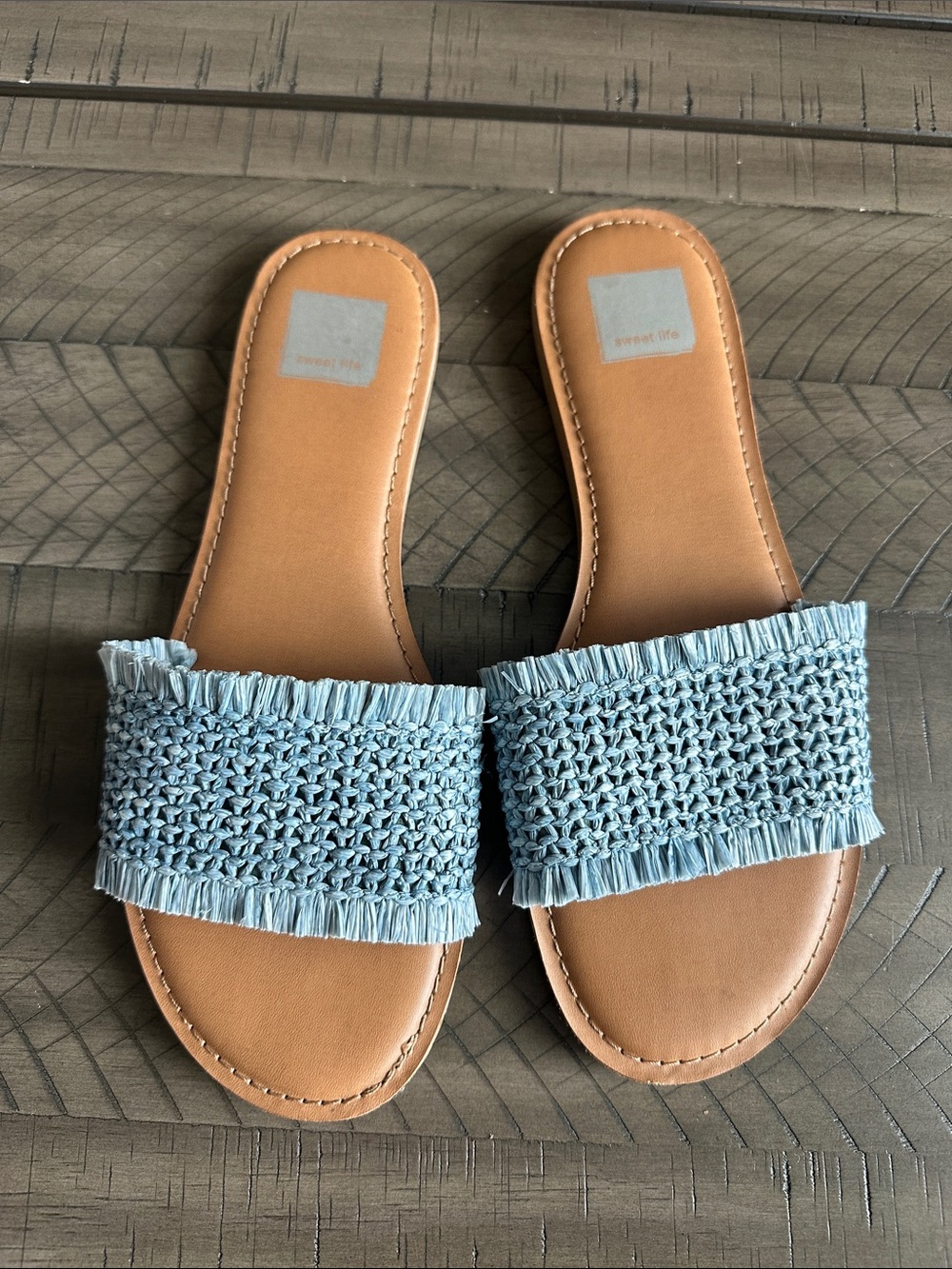 Woven Fringe Slide Sandals in Light Blue for Women